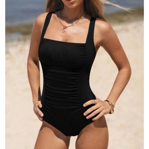 CUPSHE Black Square Neck Slim & Sculpt One-Piece Swimsuit Size Small New - Picture 2 of 11